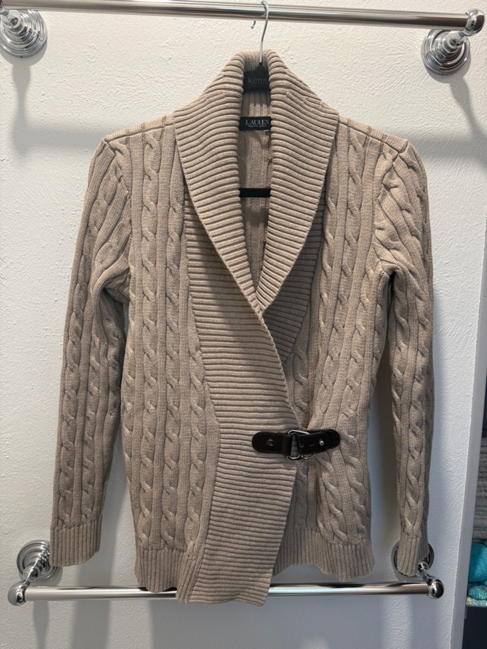 Lauren Ralph Lauren Beige Cable-Knit Shawl Collar Cardigan with Buckle
